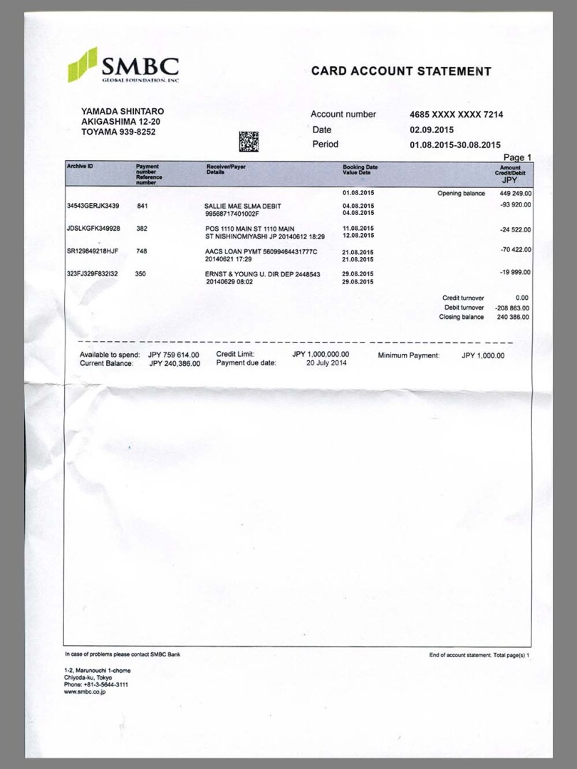 日本Japan SMBC Bank Statement银行账单/KYC地址证明psd模板