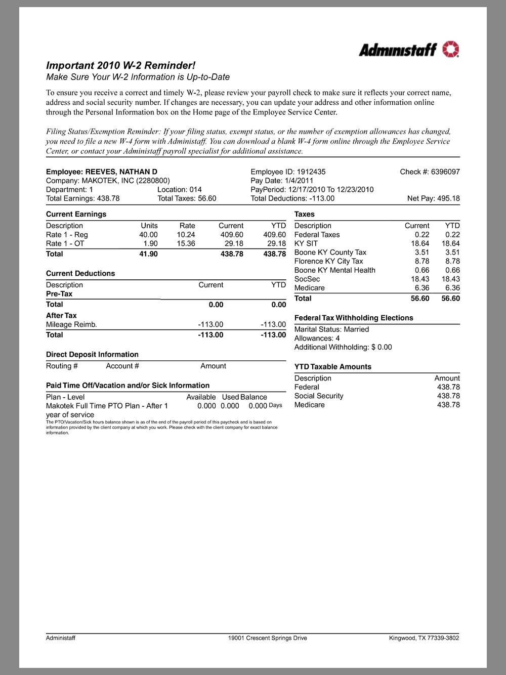 Administaff Paystub template人力资源公司收入证明/工资账单PDF模板