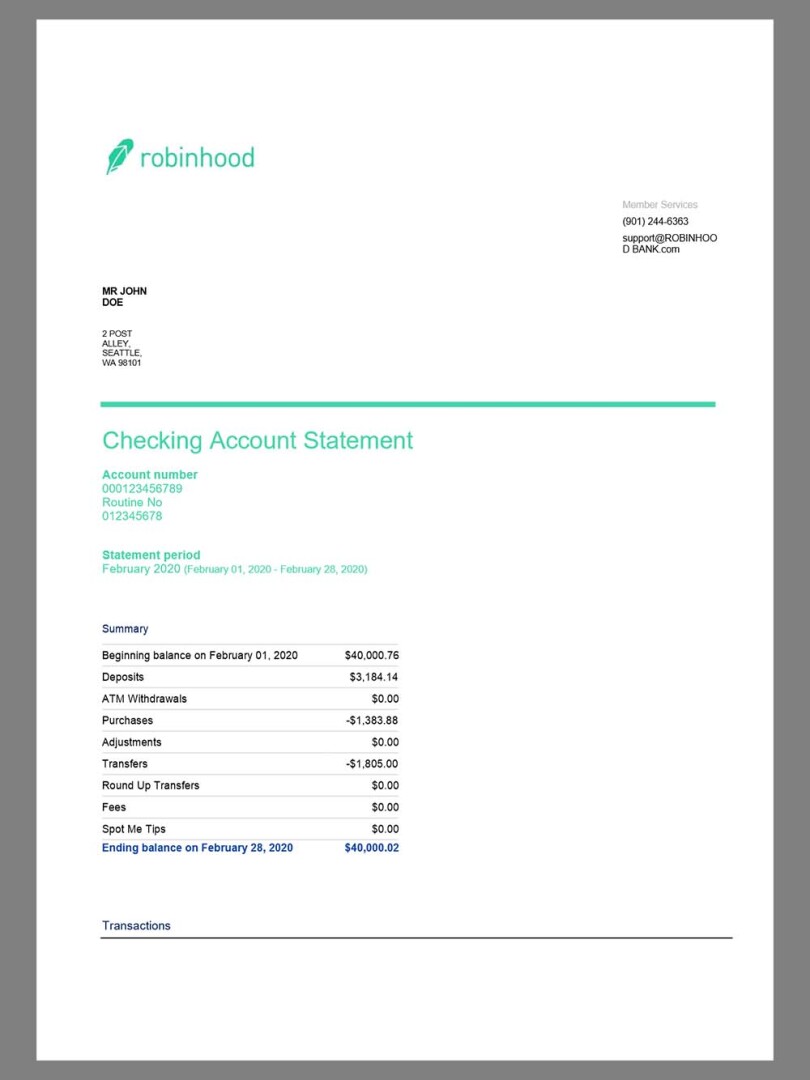 美国Robinhood Bank Statement银行账单/KYC地址证明word模板