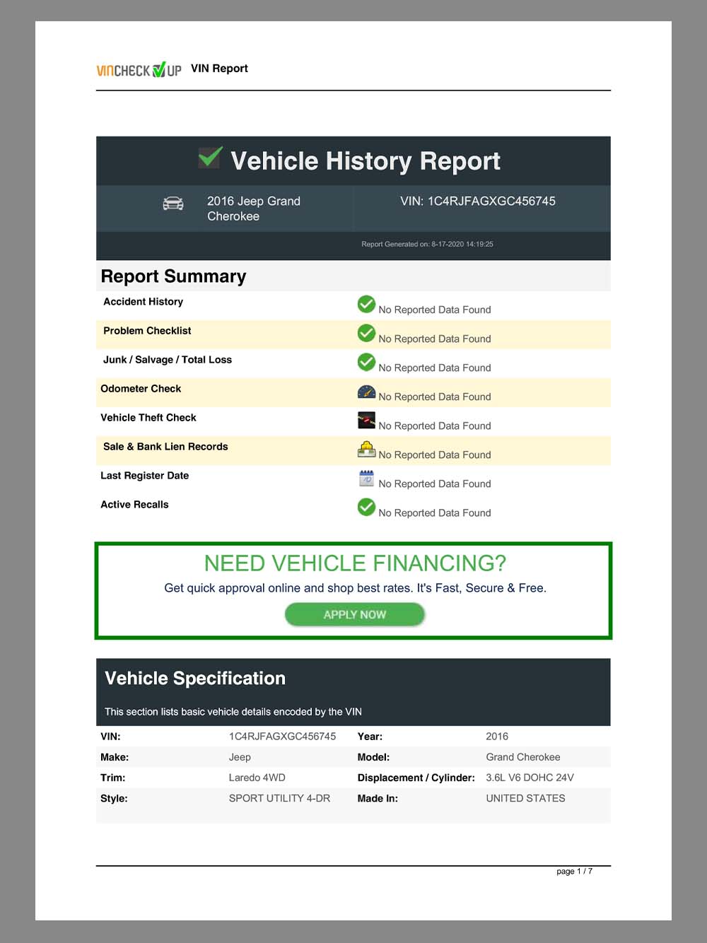 USA Vehicle History Report(VIN Report)美国车辆历史报告pdf模板(V1)