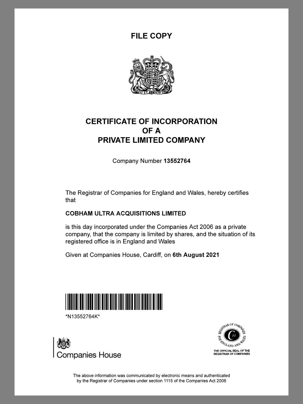 UK/England Company Certificate英国营业执照pdf模板(V1)