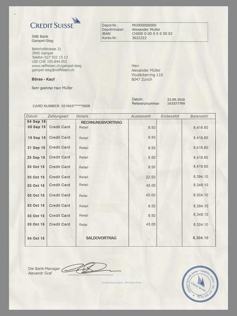 Credit Suisse Bank Statement瑞士信贷银行账单/KYC地址证明psd模板