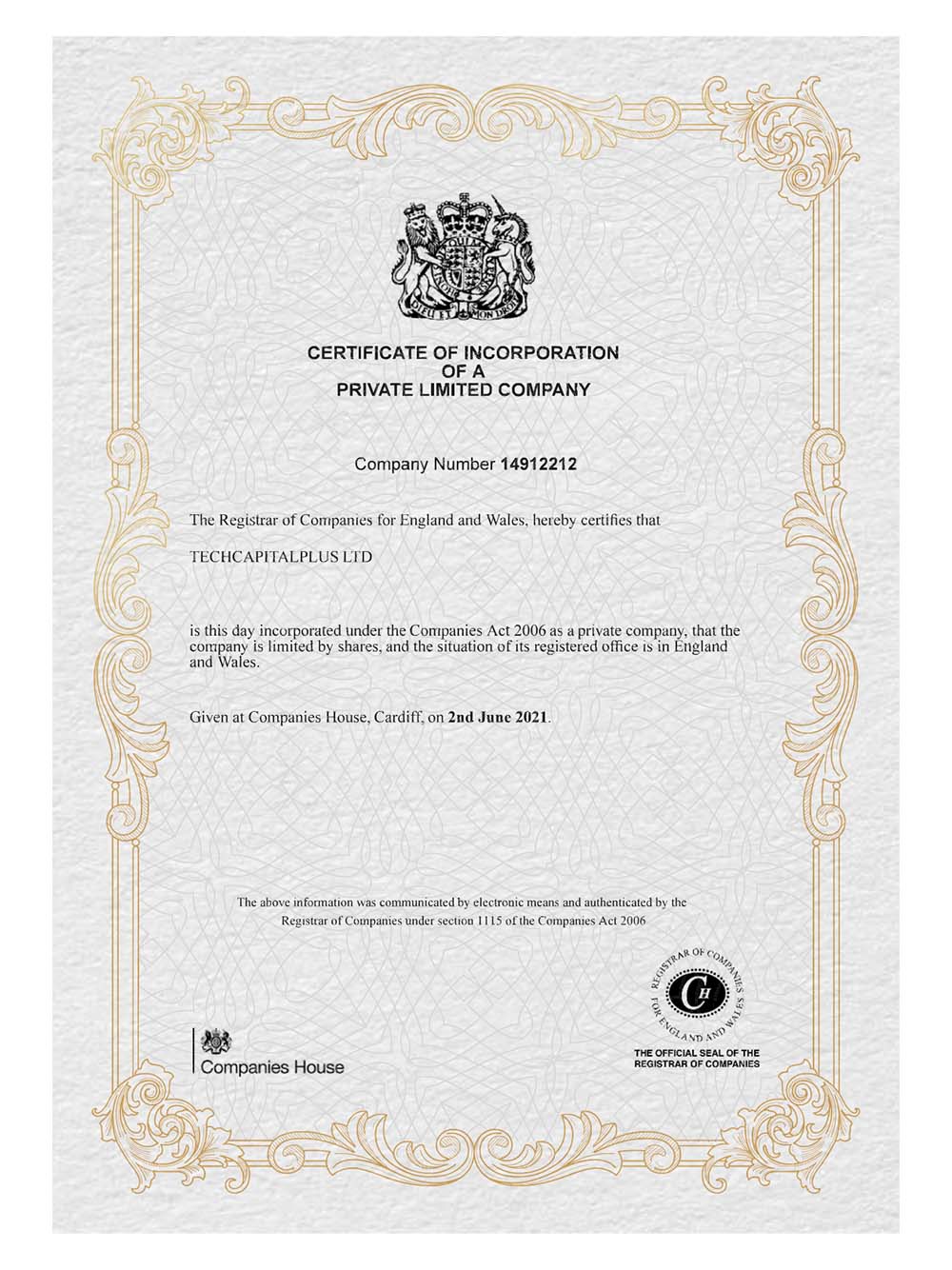 UK/England Company Certificate英国营业执照pdf模板(V2)