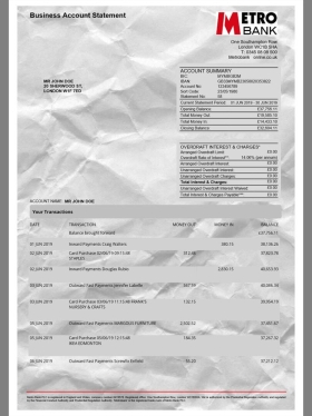 欧洲|英国Metro Bank Statement银行账单/KYC地址证明word模板